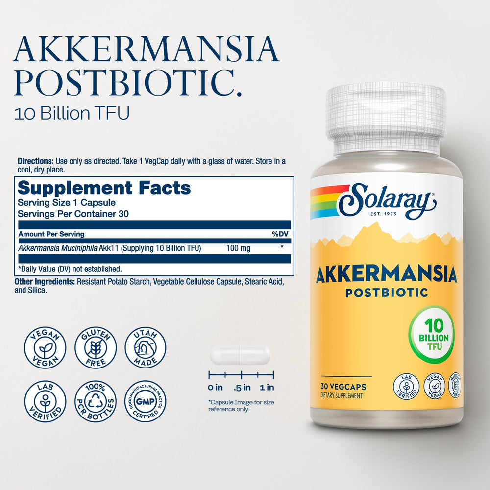 SOLARAY Akkermansia Postbiotic capsules provide 10B TFU for ongoing gut balance.
