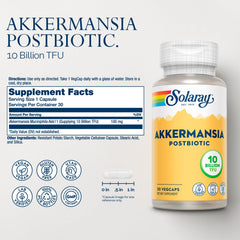 SOLARAY Akkermansia Postbiotic capsules provide 10B TFU for ongoing gut balance.
