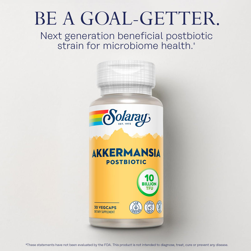 SOLARAY Akkermansia Postbiotic label highlights vegan and gluten-free ingredients.