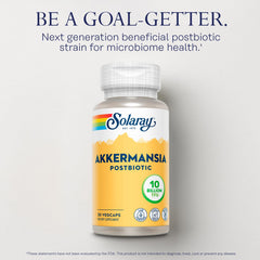 SOLARAY Akkermansia Postbiotic label highlights vegan and gluten-free ingredients.
