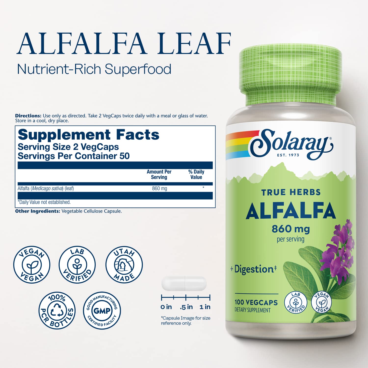 SOLARAY Alfalfa Leaf capsules close-up showing fiber and chlorophyll content