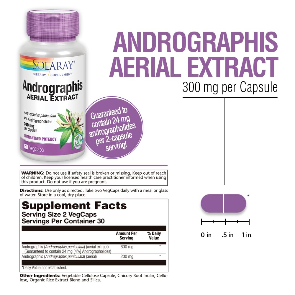 SOLARAY Andrographis extracto 600 mg, cápsulas listas para tomar, conveniencia diaria.