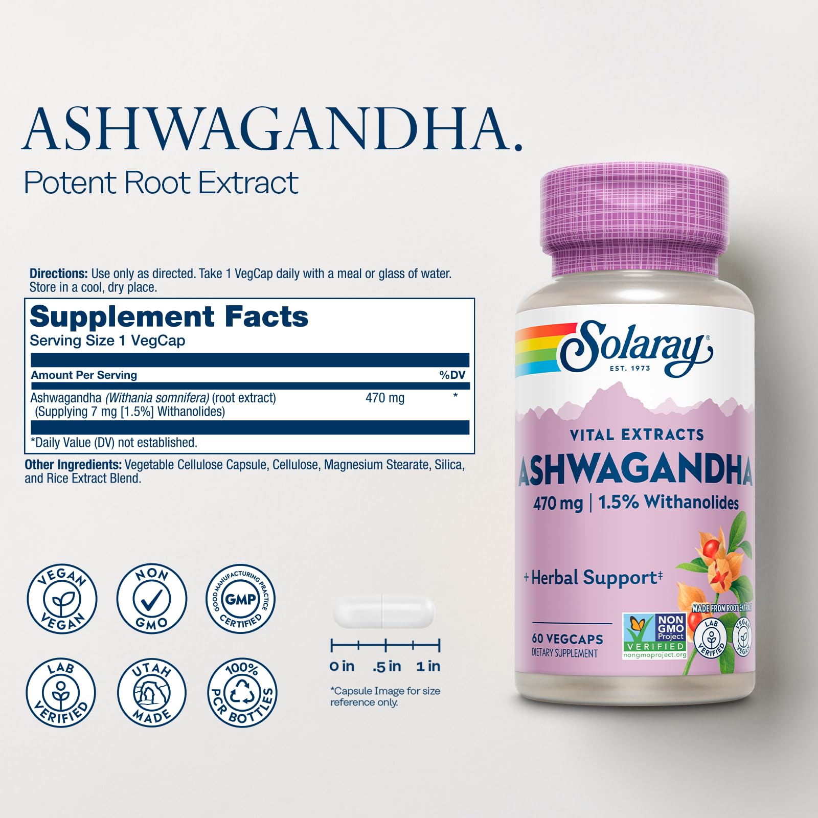 SOLARAY Ashwagandha capsules close-up with 470 mg per VegCap for daily use.