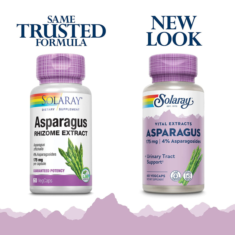 SOLARAY asparagus capsules close-up highlighting vegan, non-GMO formulation.