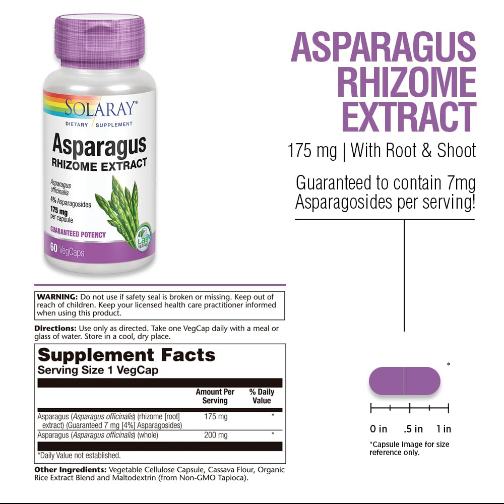 SOLARAY Asparagus Rhizome Extract 175 mg with Whole Root emphasizing natural root sourcing.