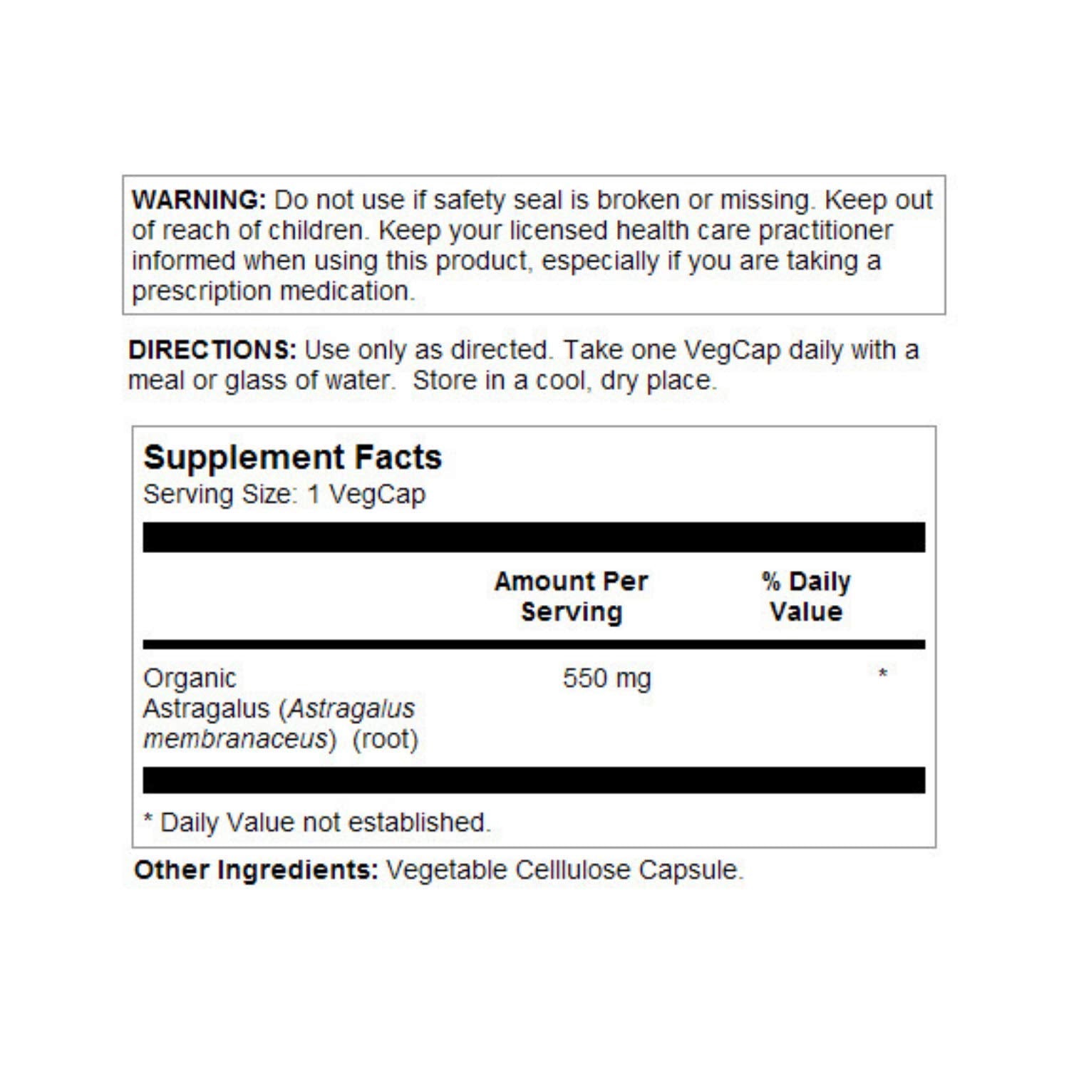 SOLARAY Astragalus Root label detail displays 550mg dosage for daily use.