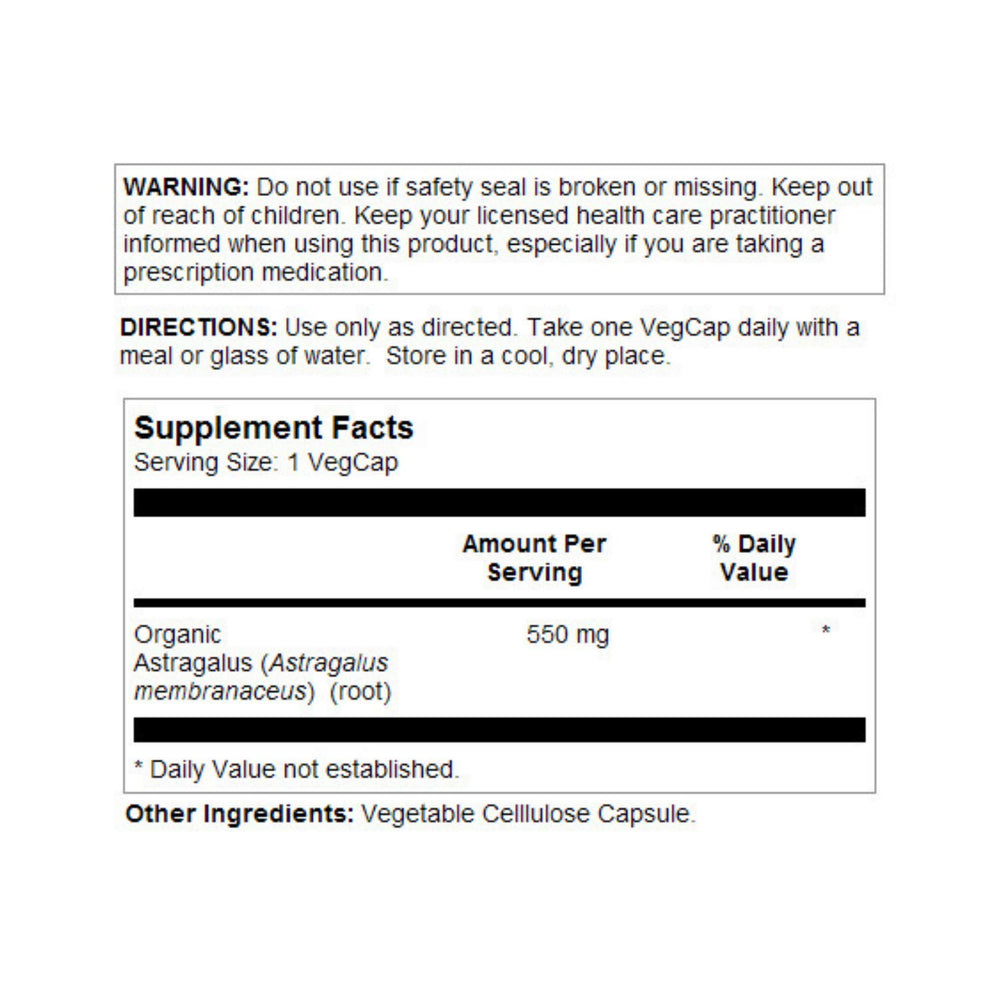 SOLARAY Astragalus Root label detail displays 550mg dosage for daily use.