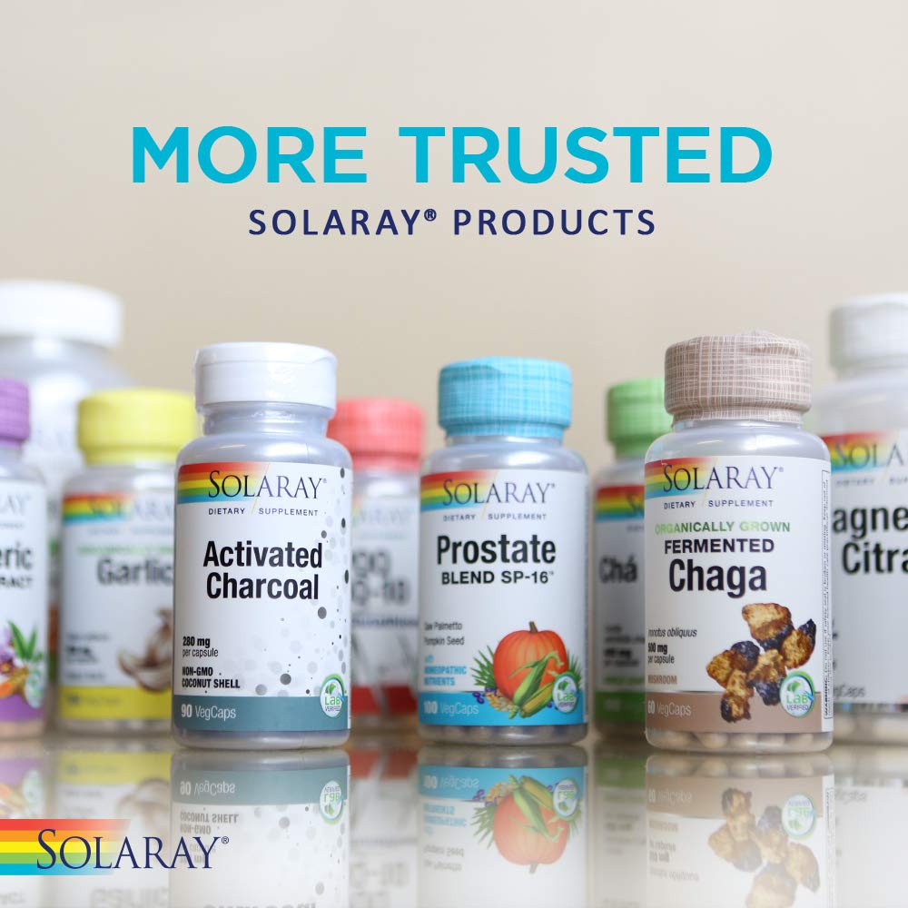 SOLARAY vegan non-GMO logos reassure plant-based supplement standards.