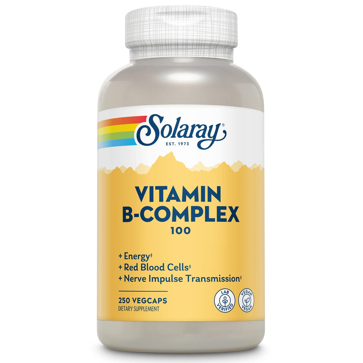 SOLARAY B-Complex 100 bottle front view shows the packaging for daily energy support.