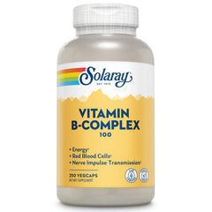 SOLARAY B-Complex 100 bottle front view shows the packaging for daily energy support.