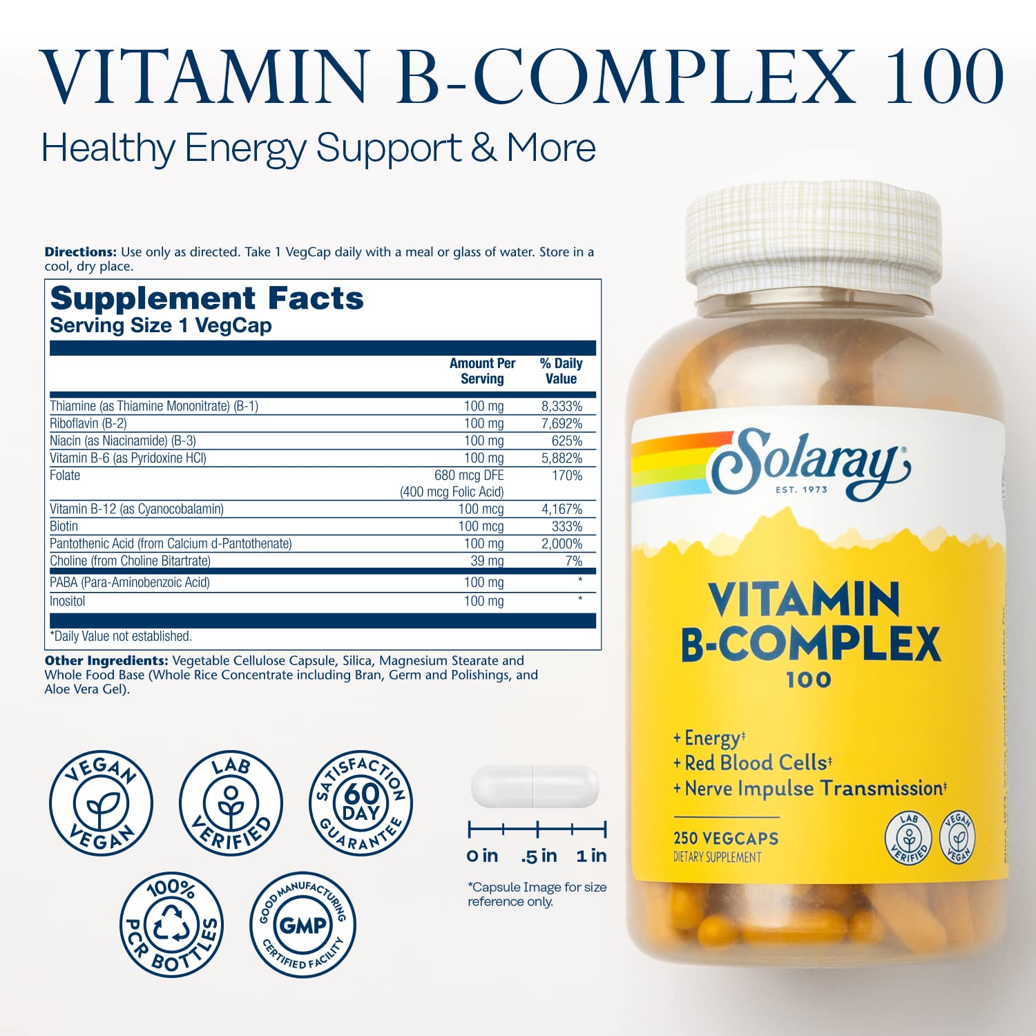 SOLARAY B-Complex 100 bottle label closeup highlights biotin content for beauty support.