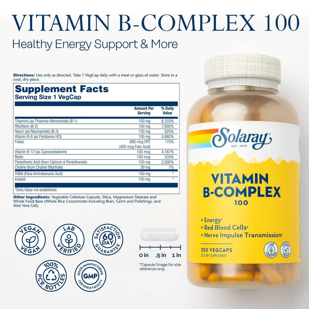 SOLARAY B-Complex 100 bottle label closeup highlights biotin content for beauty support.
