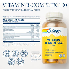 SOLARAY B-Complex 100 bottle label closeup highlights biotin content for beauty support.