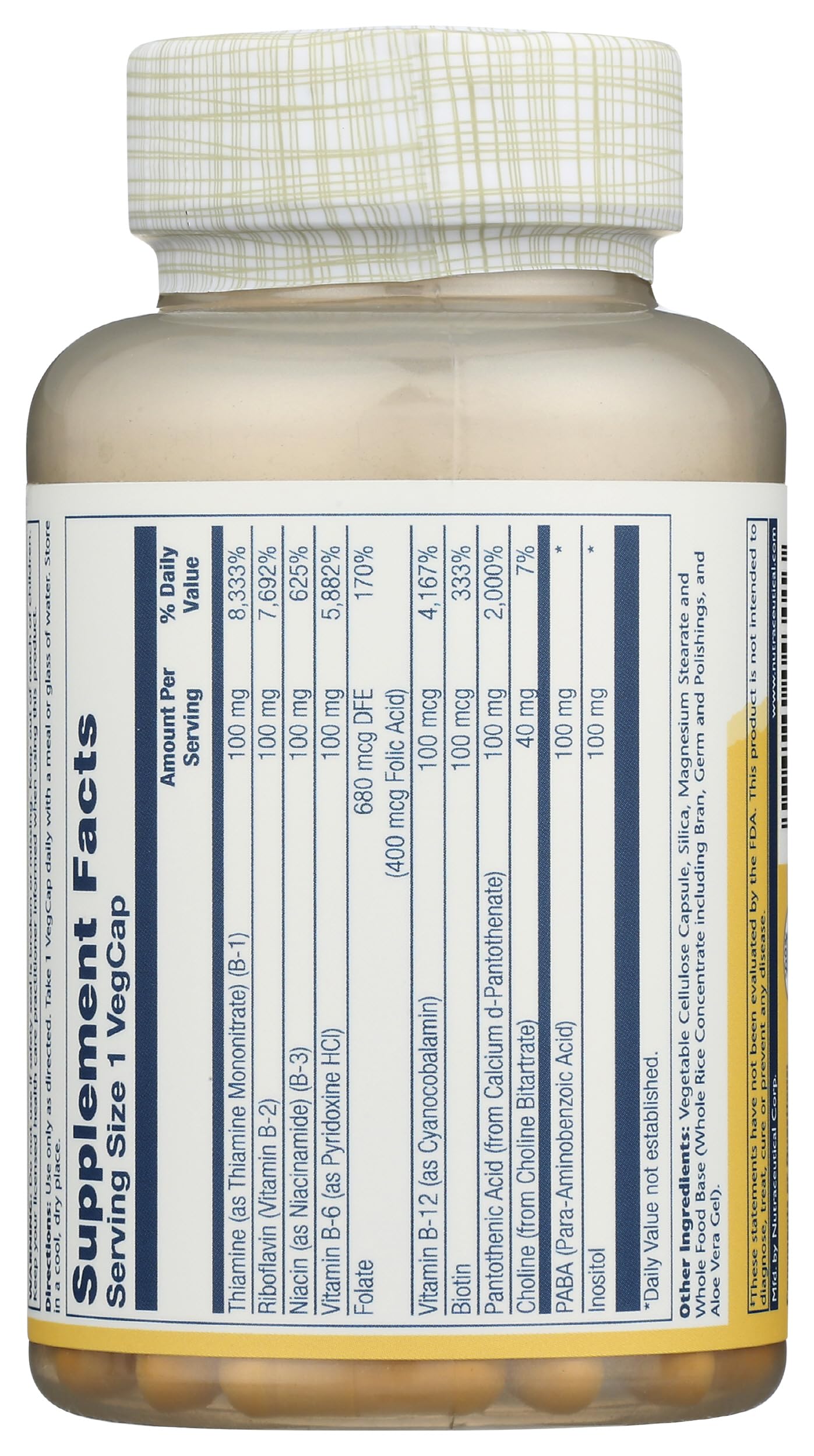 Solaray B-Complex 100 mg bottle pouring capsules for easy daily intake.