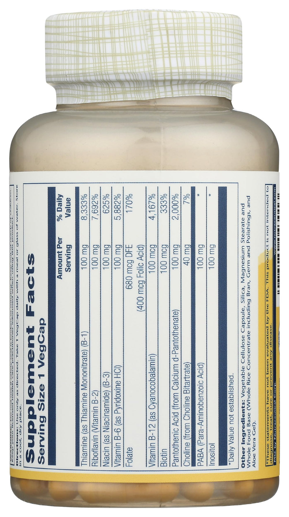 Solaray B-Complex 100 mg bottle pouring capsules for easy daily intake.