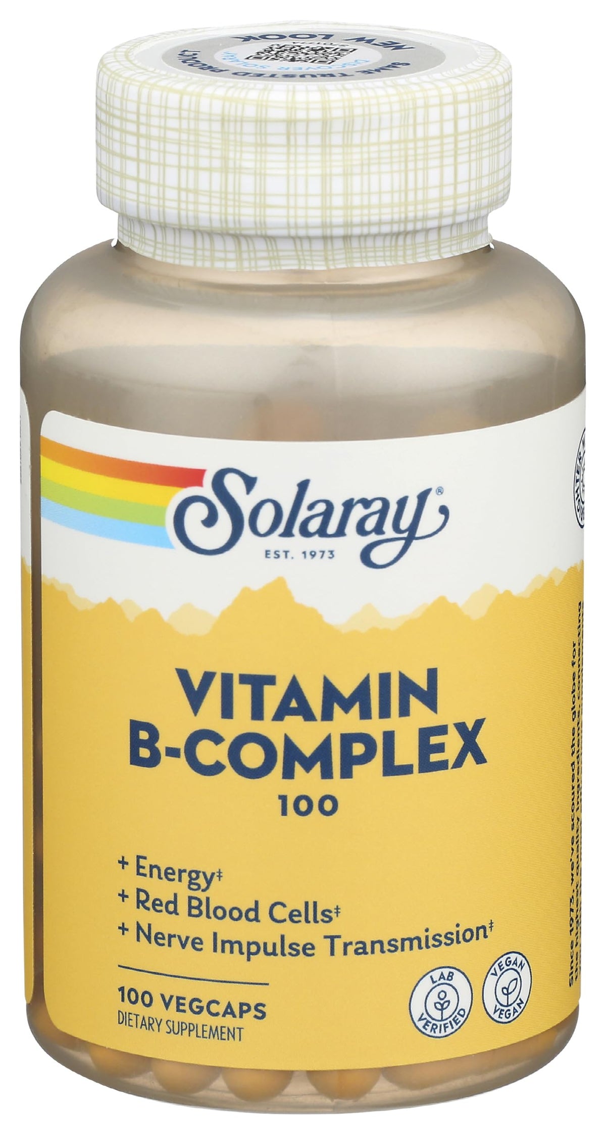 Solaray B-Complex 100 mg bottle visible for daily energy support.