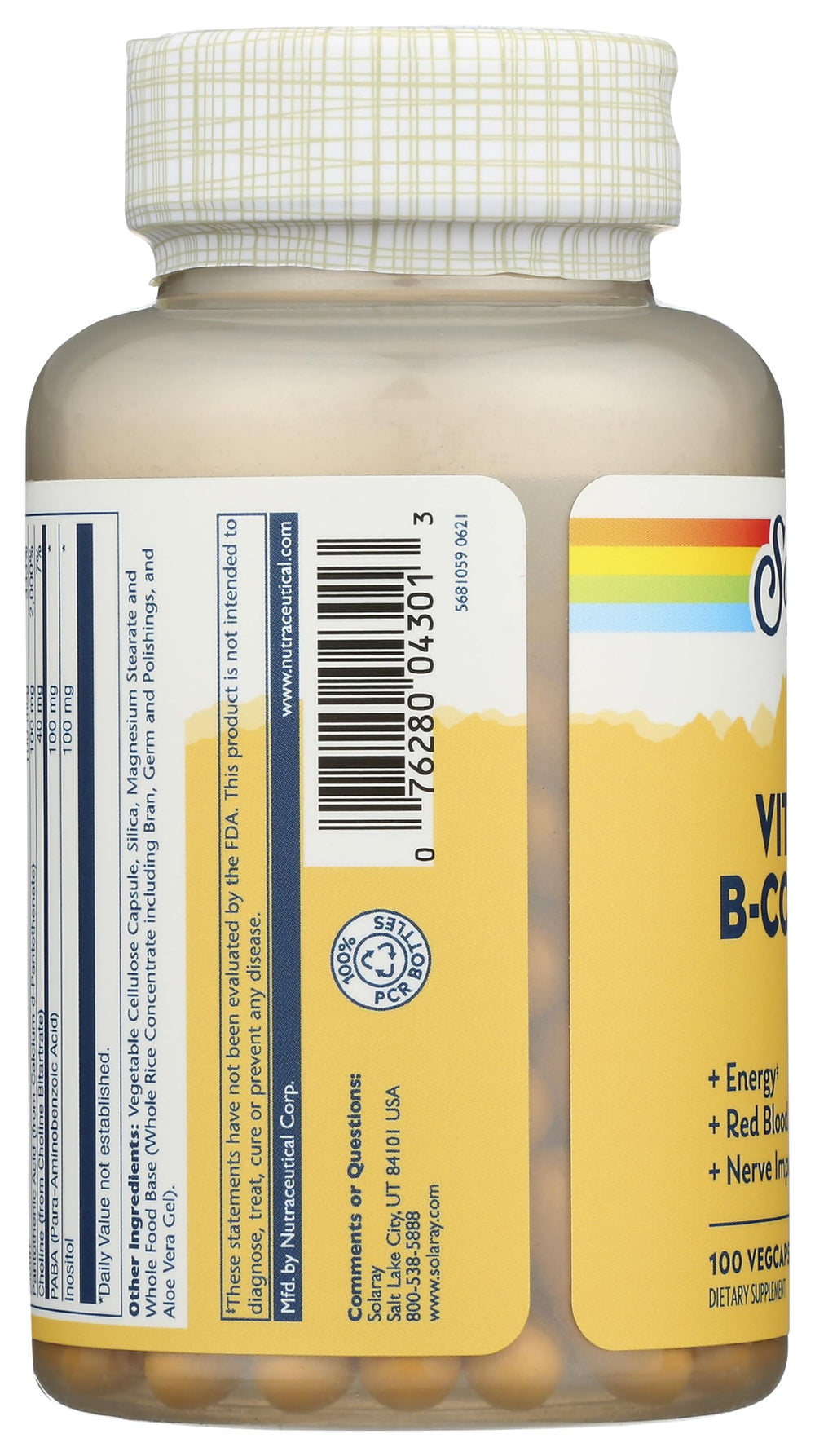 Solaray B-Complex 100 mg ingredient list highlighting full spectrum nutrients.