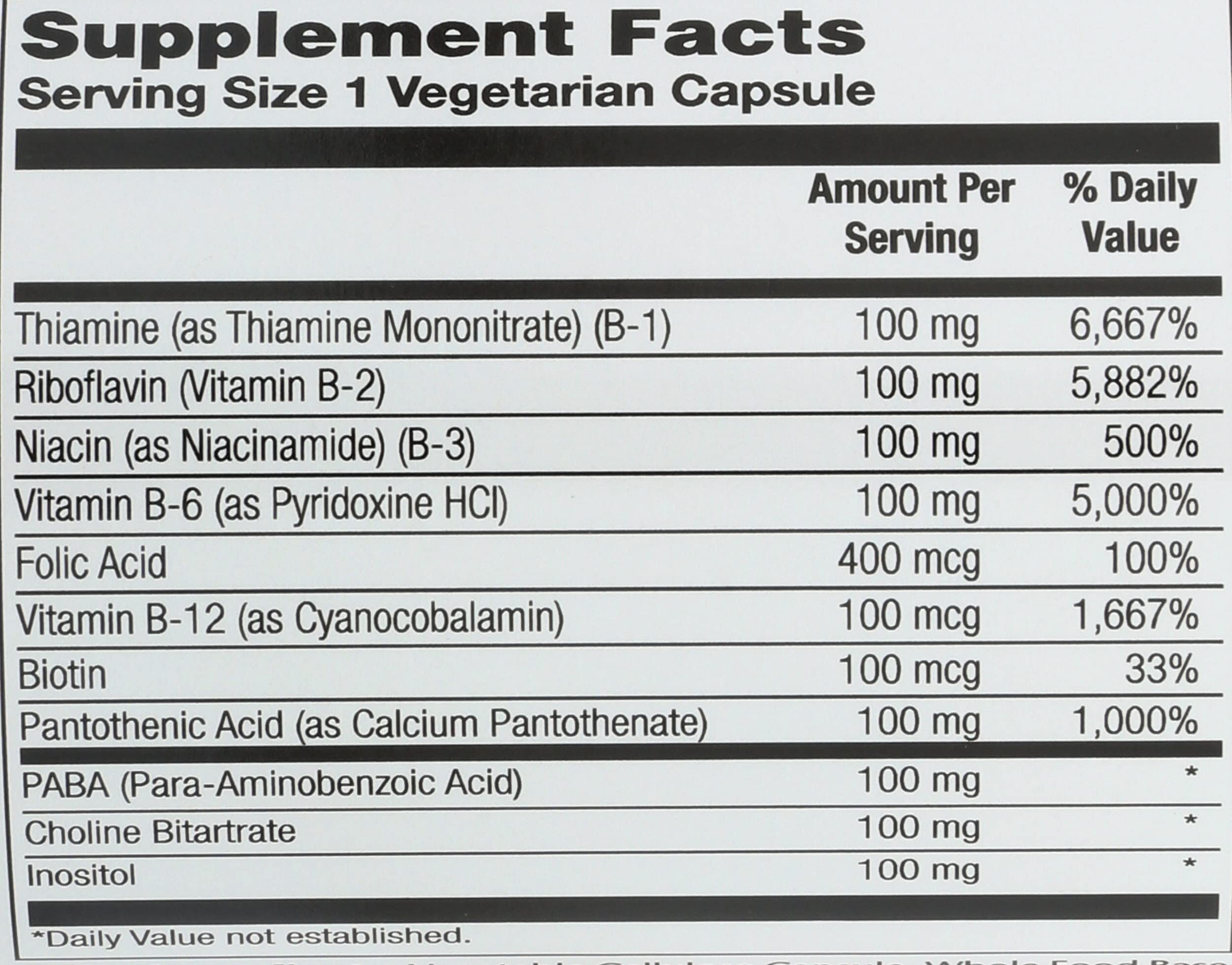 Solaray B-Complex 100 mg label closeup highlighting high-potency B vitamins.
