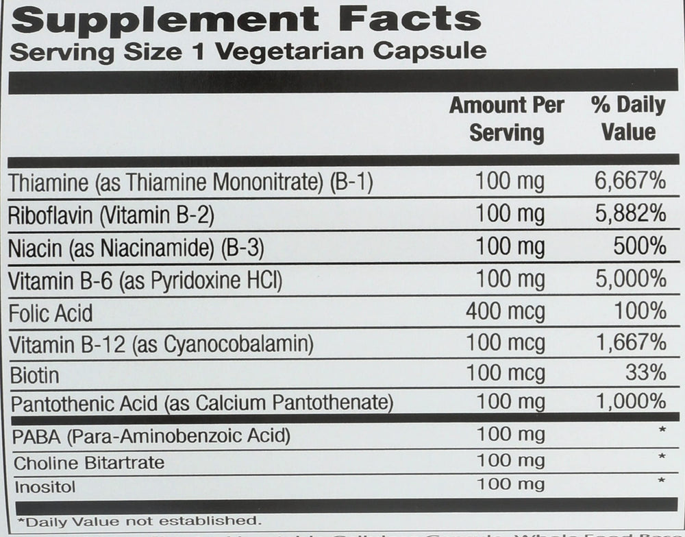 Solaray B-Complex 100 mg label closeup highlighting high-potency B vitamins.