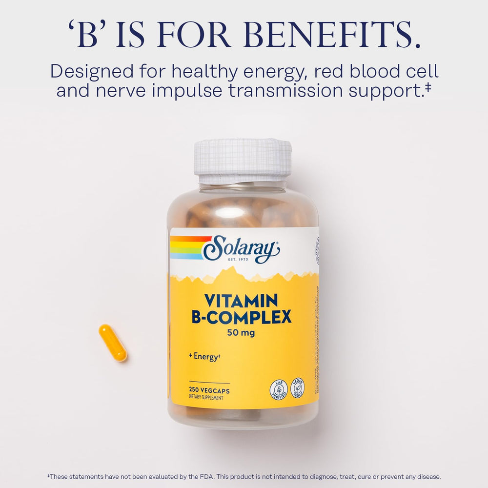 SOLARAY Vitamin B Complex bottle pour demonstrating easy daily supplementation