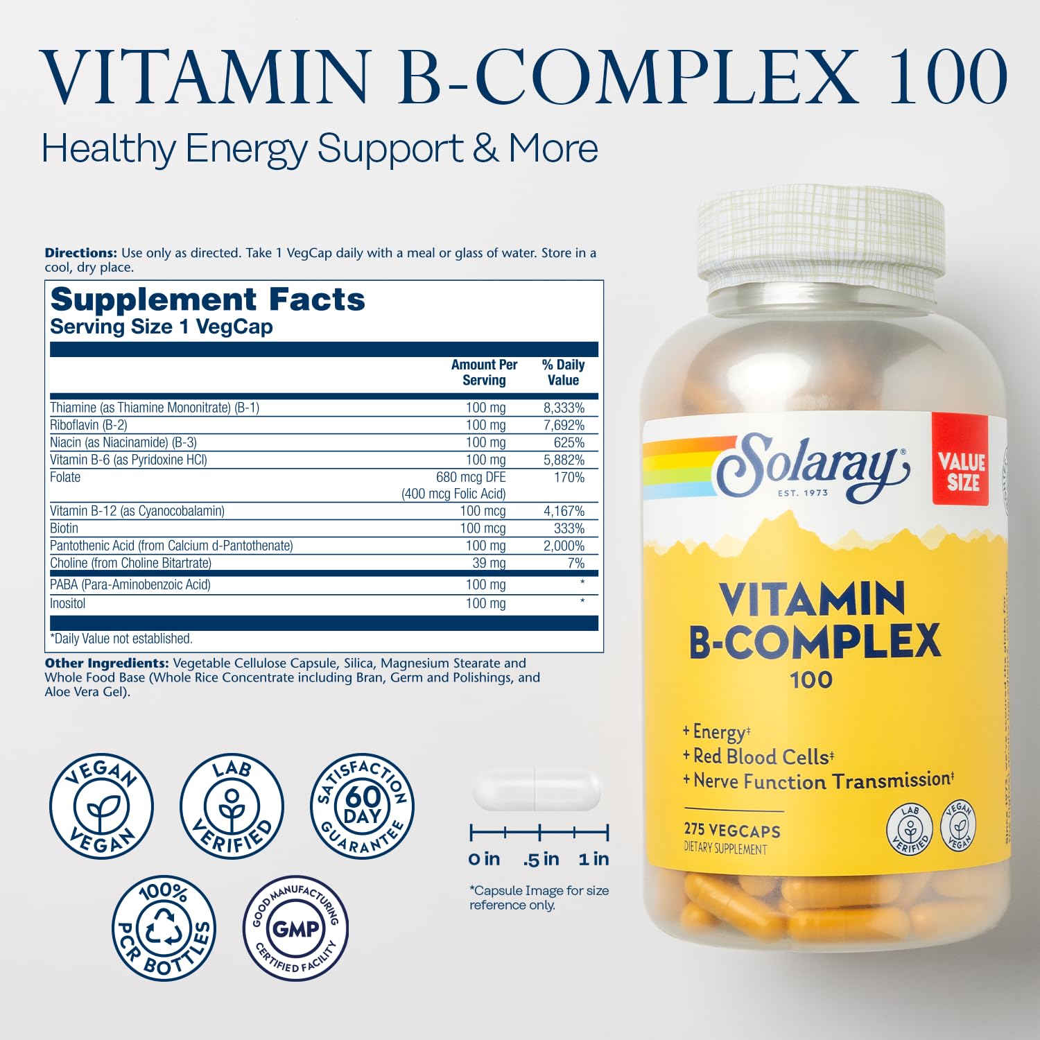 SOLARAY Vitamin B Complex capsules close-up showing easy-to-swallow vegan capsules for daily energy
