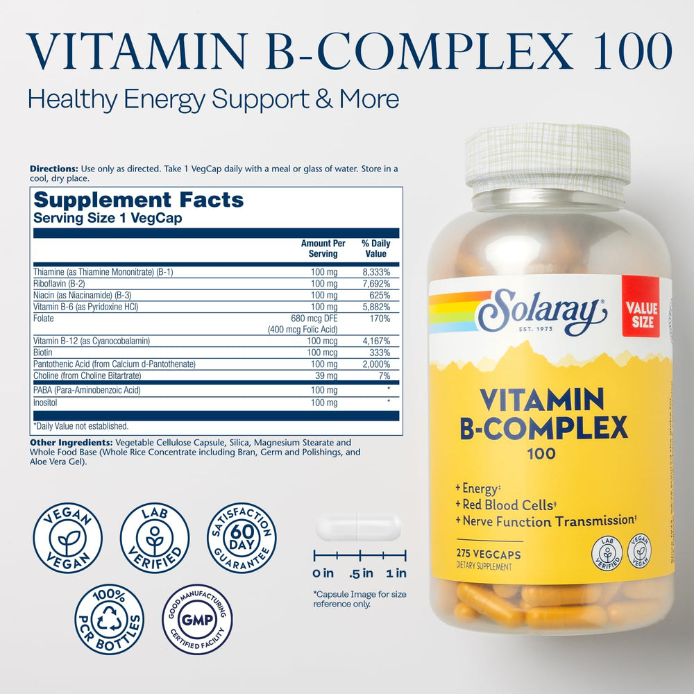SOLARAY Vitamin B Complex capsules close-up showing easy-to-swallow vegan capsules for daily energy