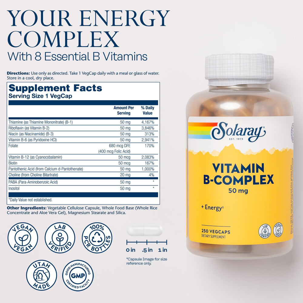SOLARAY B Complex capsules close-up highlighting essential B vitamins for metabolism