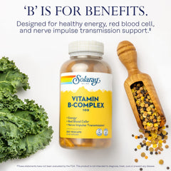 SOLARAY B-Complex vegan capsules closeup emphasizing vegan formula.