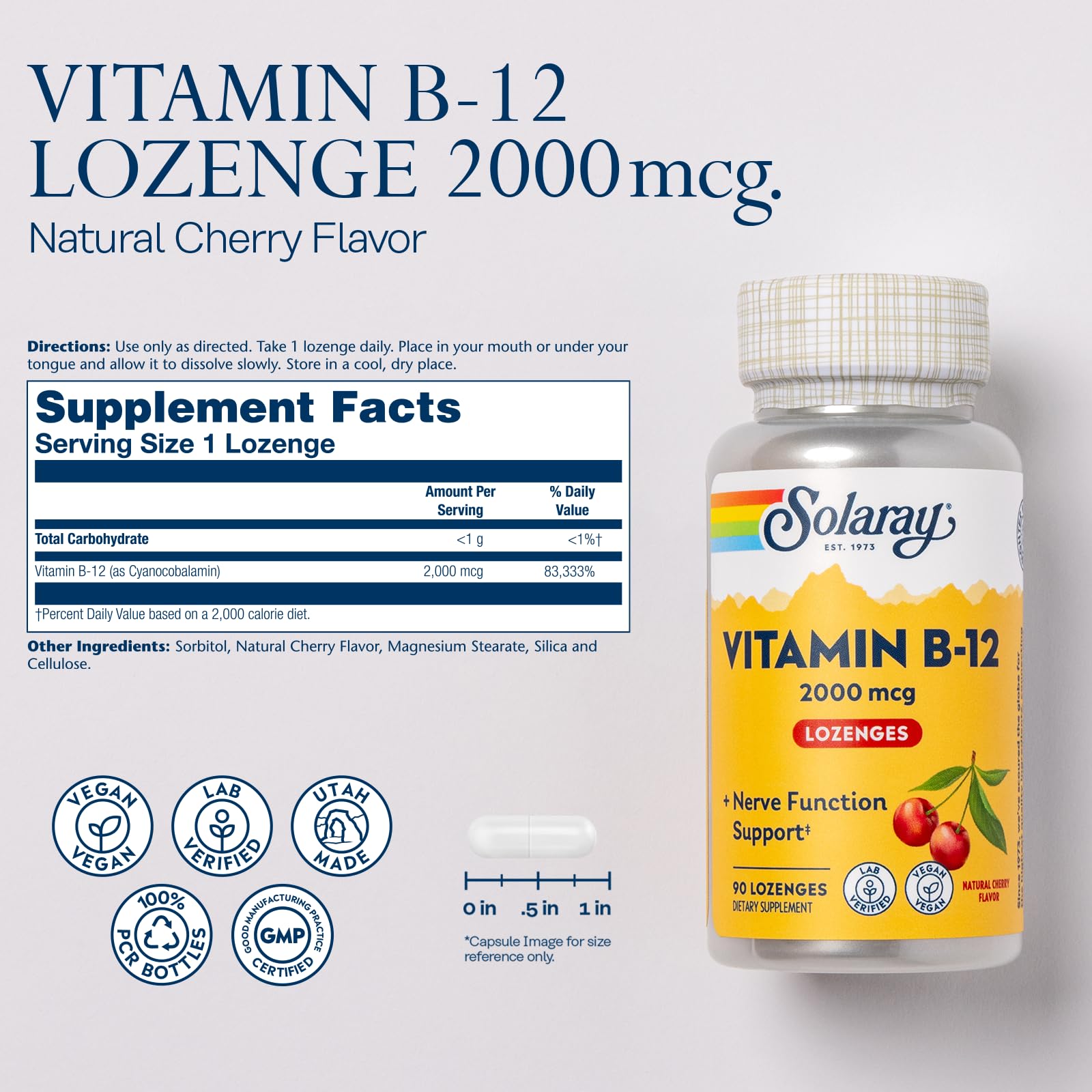 SOLARAY B12 lozenge dissolves under tongue for quick absorption.