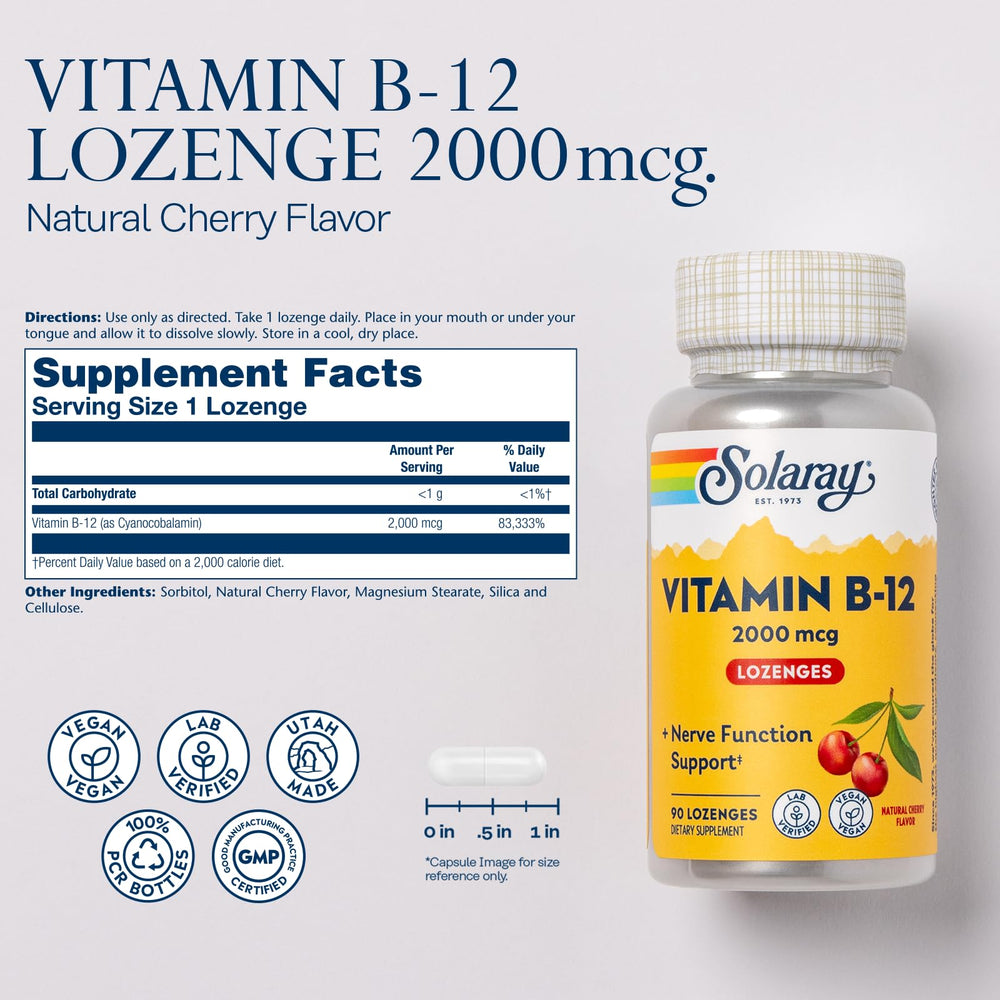 SOLARAY B12 lozenge dissolves under tongue for quick absorption.