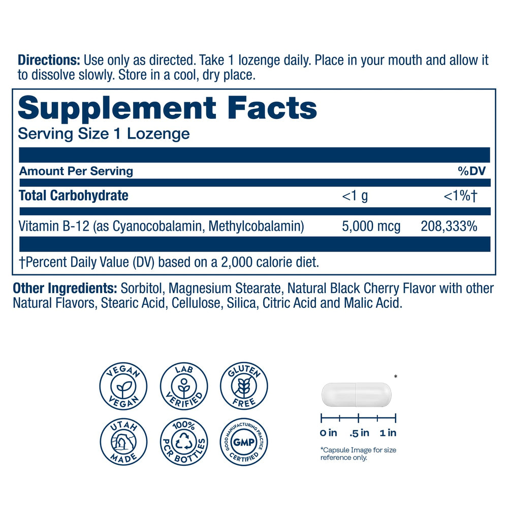 SOLARAY B12 lozenge dissolving in the mouth for convenient daily use