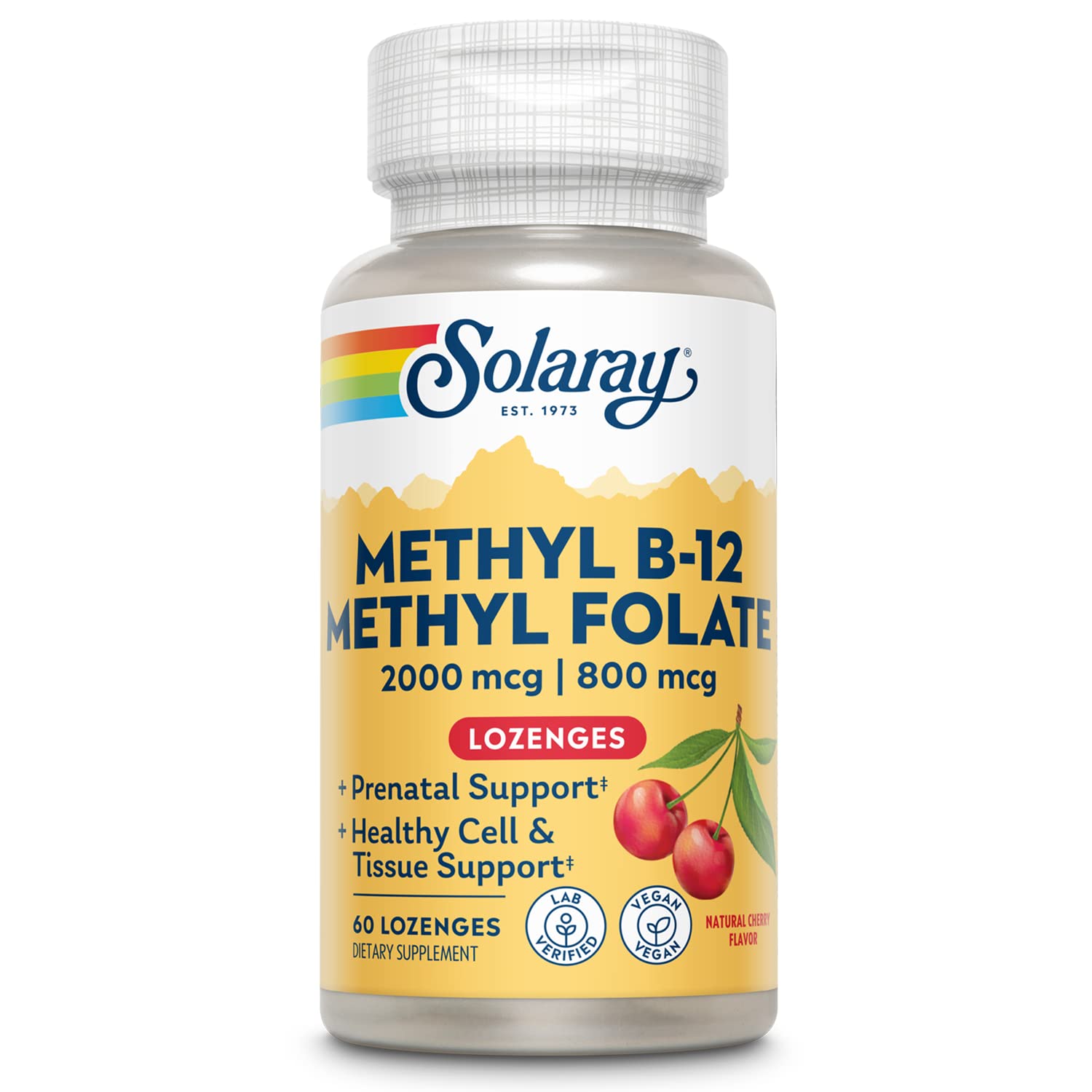SOLARAY B-12 Methyl Folate lozenges in amber bottle for easy daily wellness support