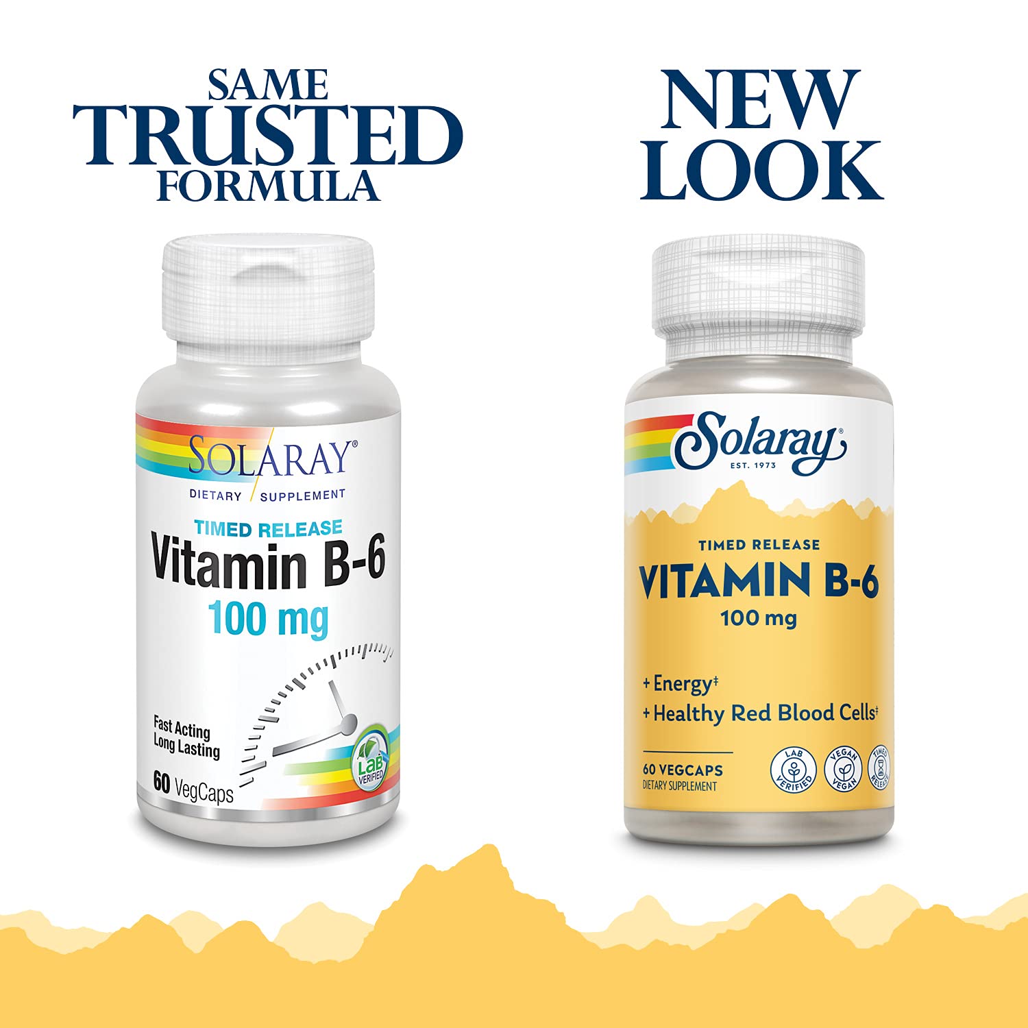Solaray B6 bottle showcases packaging with two-stage release, offering reliable nutrient timing for everyday balance.