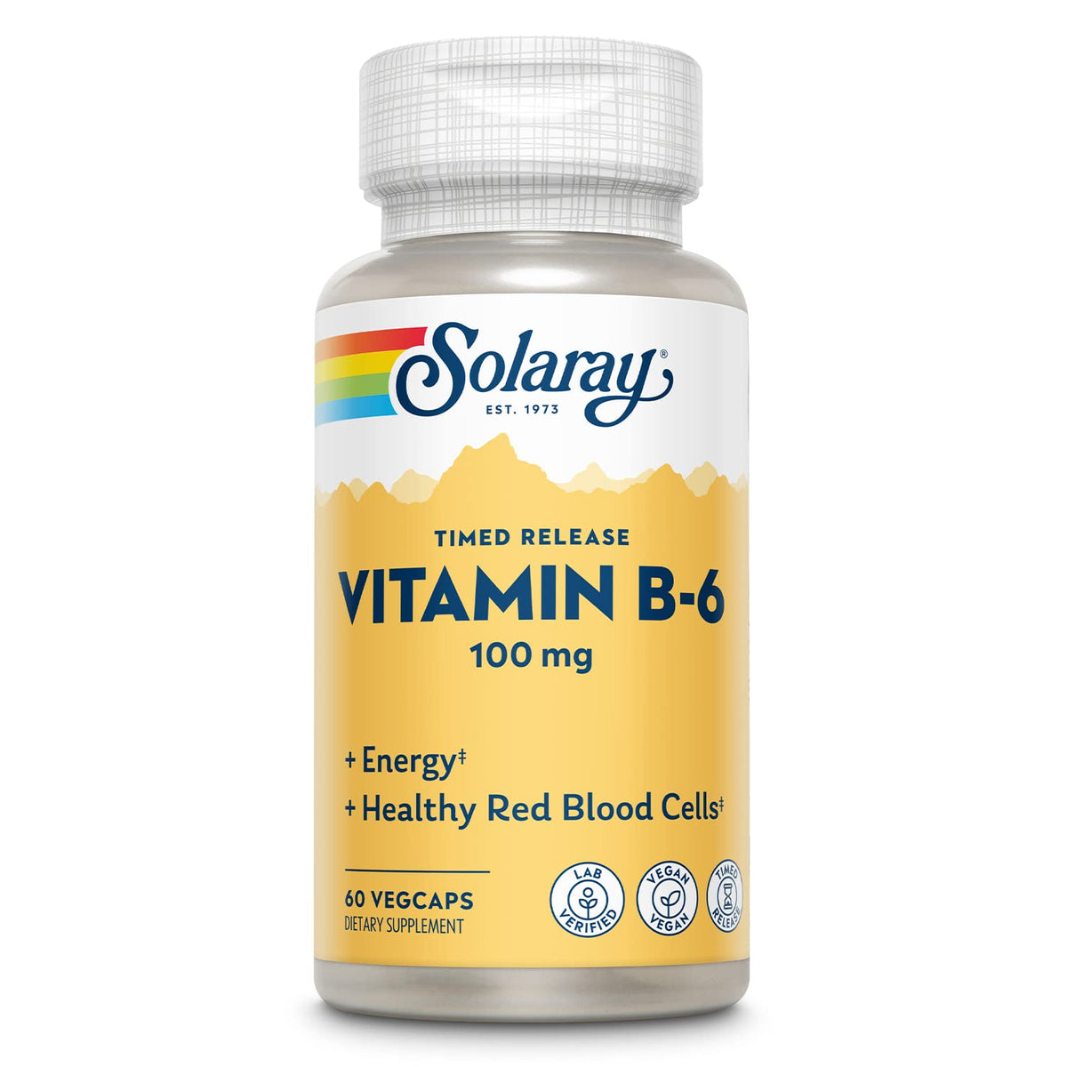 Solaray B6 two-stage timed-release veggie caps viewed in bottle packaging for steady daily nutrient support.