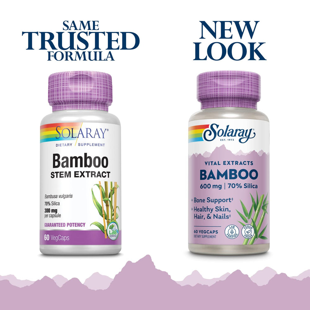 Close-up of Solaray bamboo capsules for hair, skin, and nails