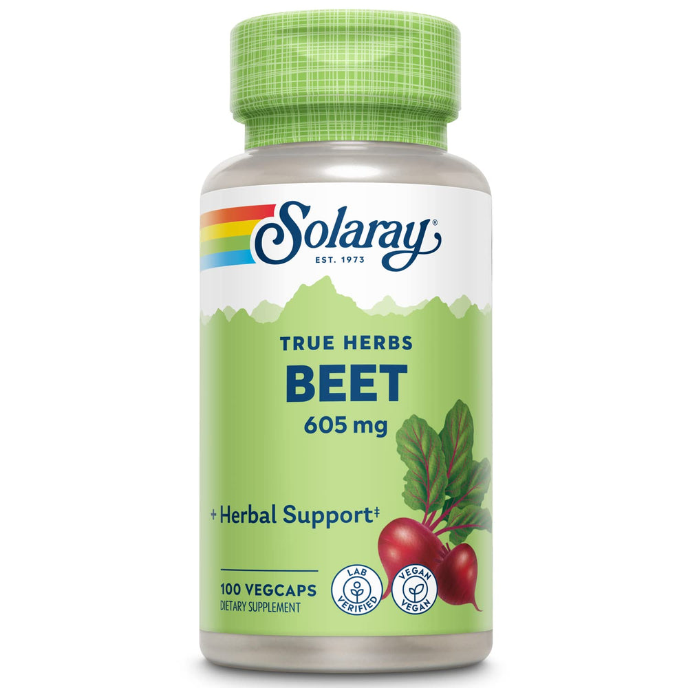 SOLARAY Beet Root 605mg bottle on a clean surface, suggesting easy daily cardio support