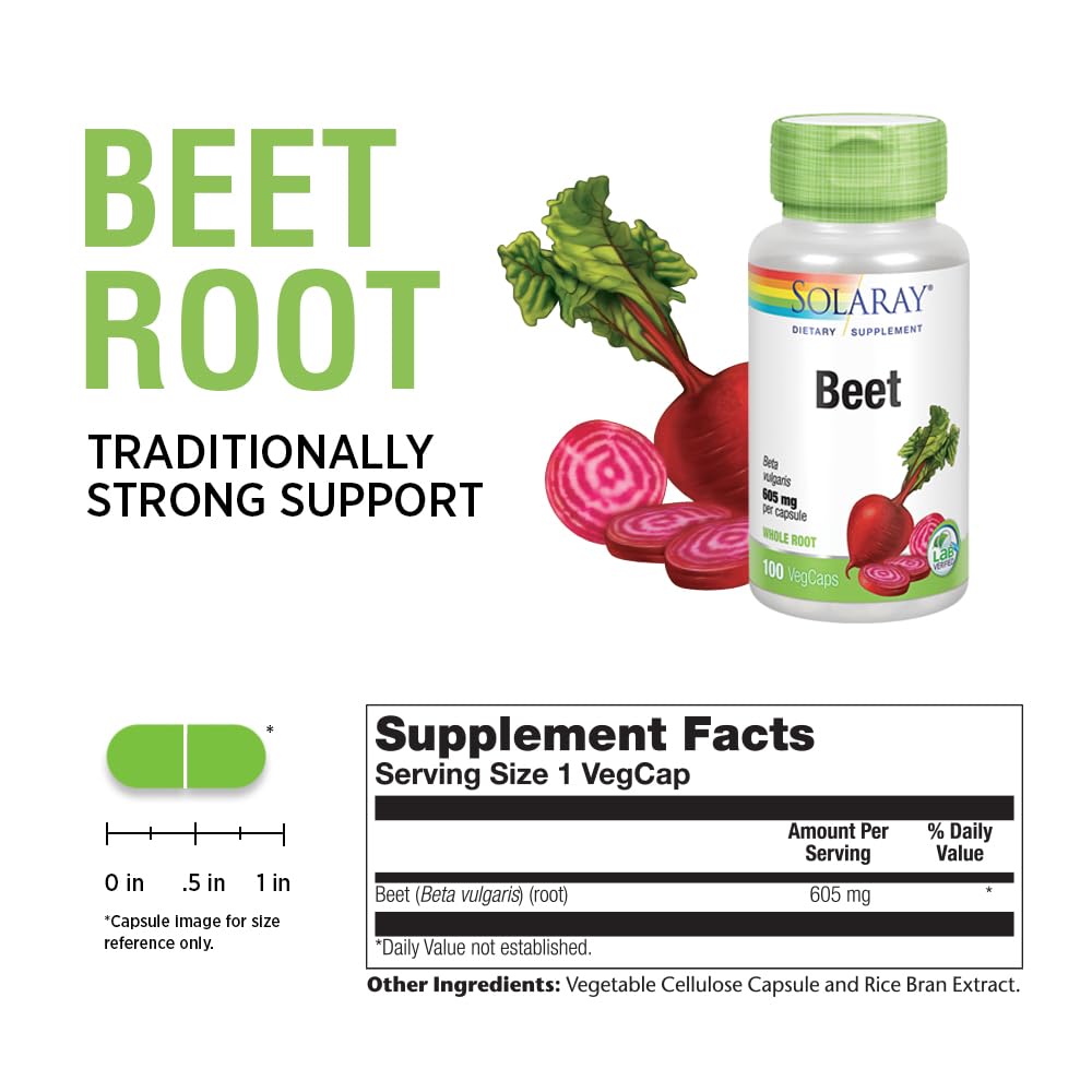 SOLARAY Beet Root 605mg label highlighting ingredients and nitrate content for informed use