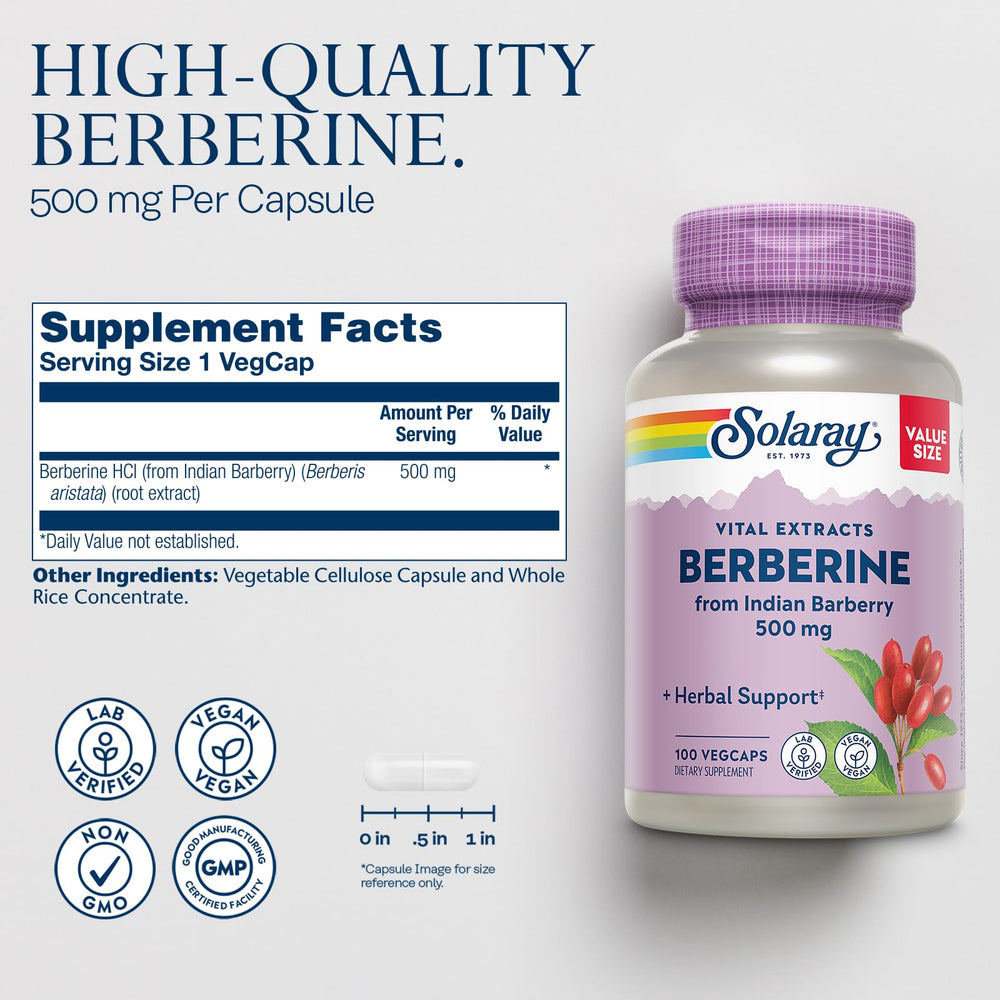 SOLARAY Berberine 500mg bottle back with product details and serving size.