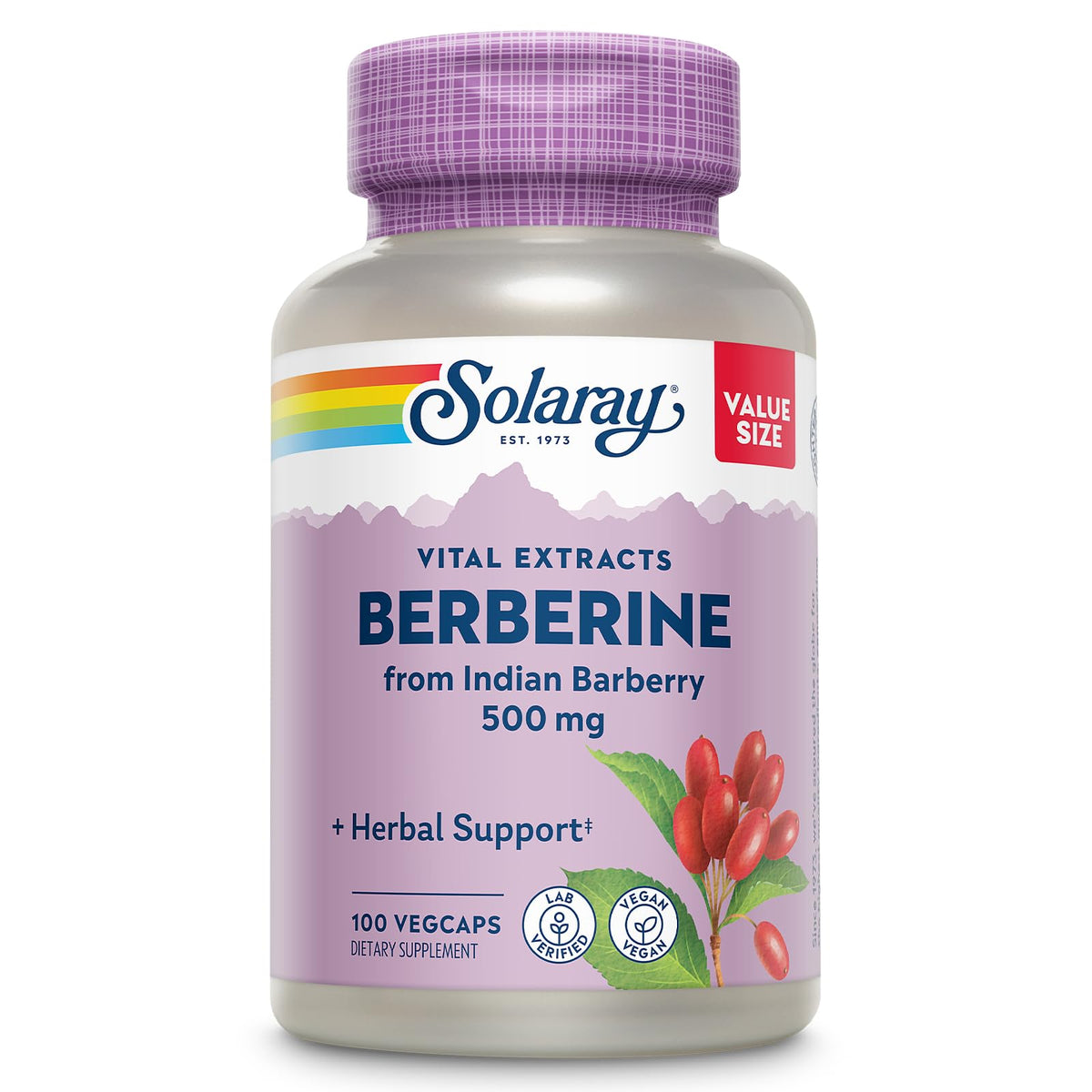 SOLARAY Berberine 500mg bottle front, vegan and non-GMO daily wellness supplement.