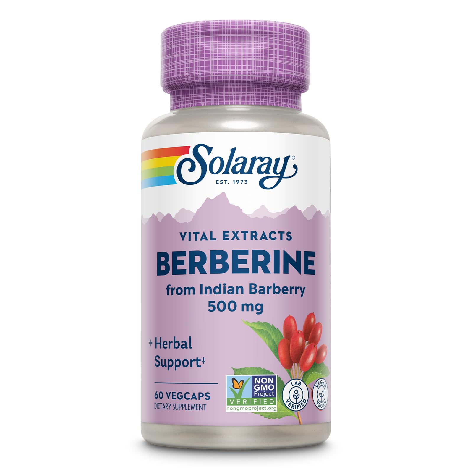 SOLARAY Berberine 500mg bottle front view highlights vegan, non-GMO formula.