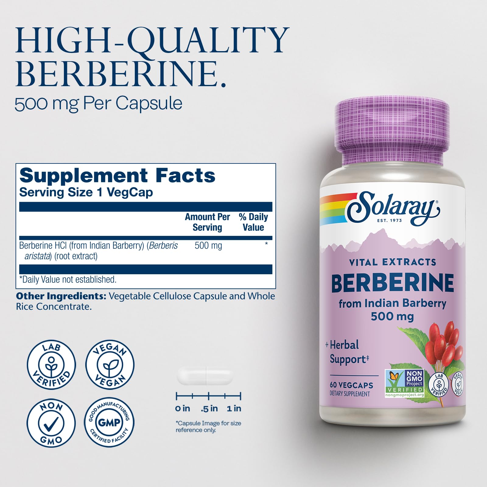 SOLARAY Berberine 500mg bottle side panel with ingredients and dosage.