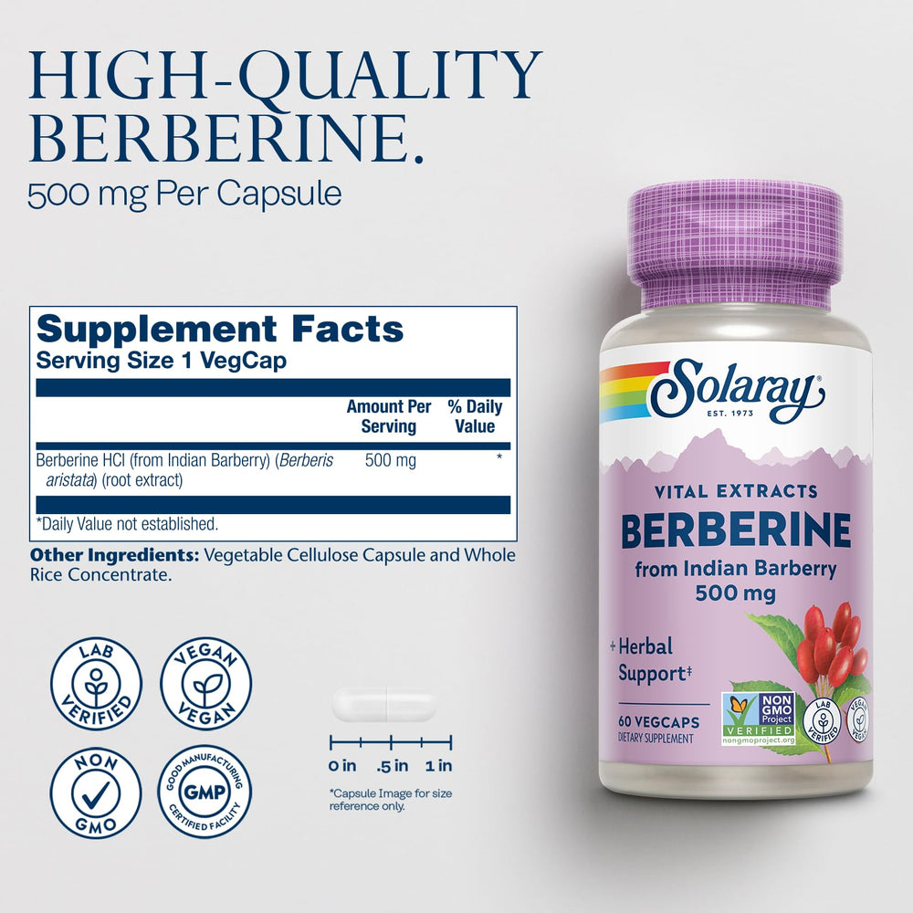 SOLARAY Berberine 500mg bottle side panel with ingredients and dosage.