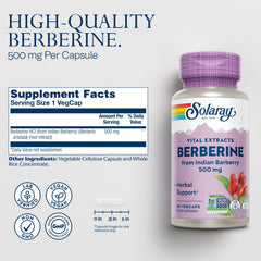 SOLARAY Berberine 500mg bottle side panel with ingredients and dosage.