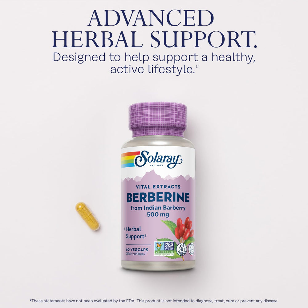 SOLARAY Berberine 500mg capsules ready for daily supplementation.
