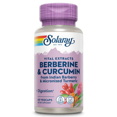 SOLARAY Berberine & Curcumin bottle label with vegan, non-GMO formula for daily wellness.