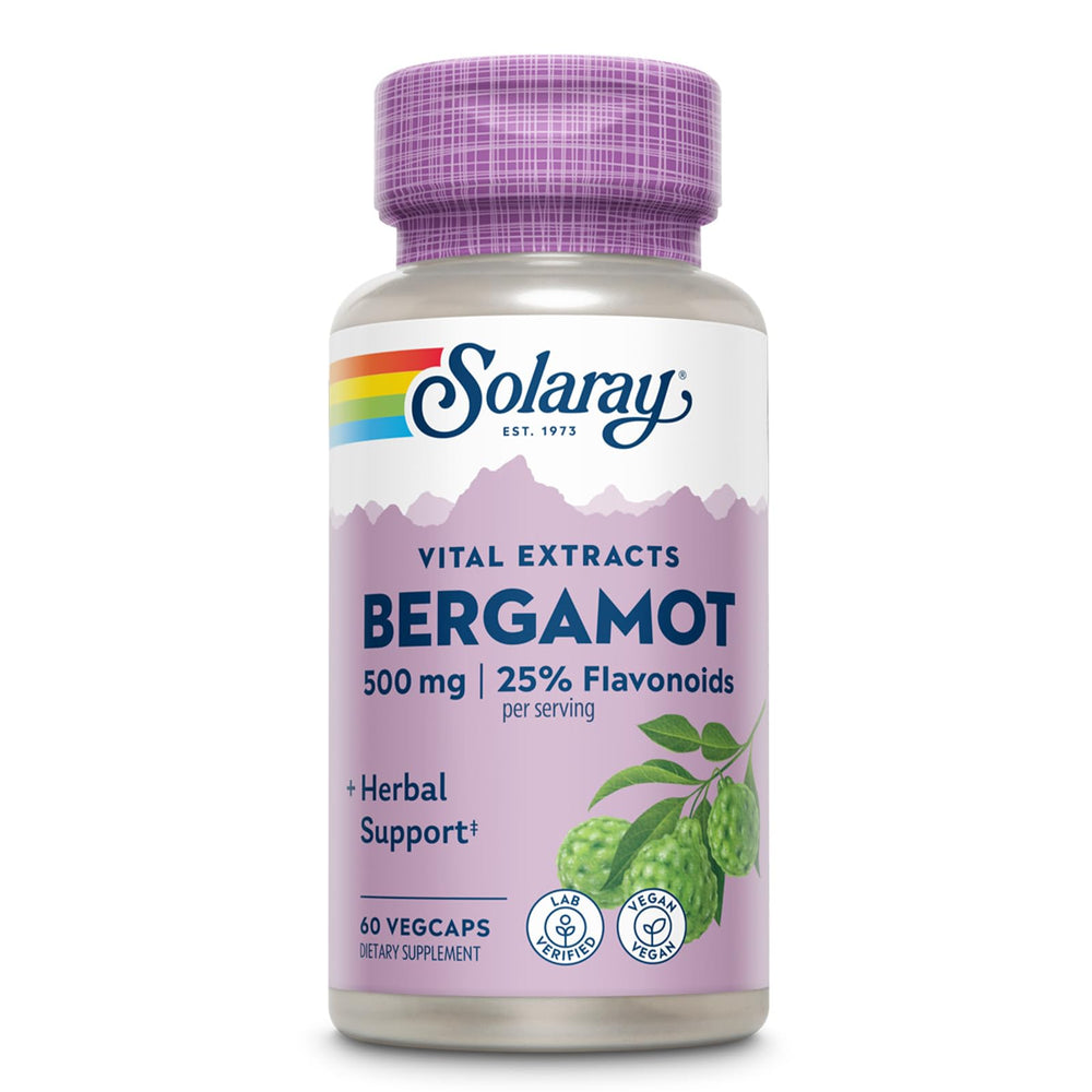 SOLARAY Bergamot 500 mg bottle with natural flavonoids for active living.