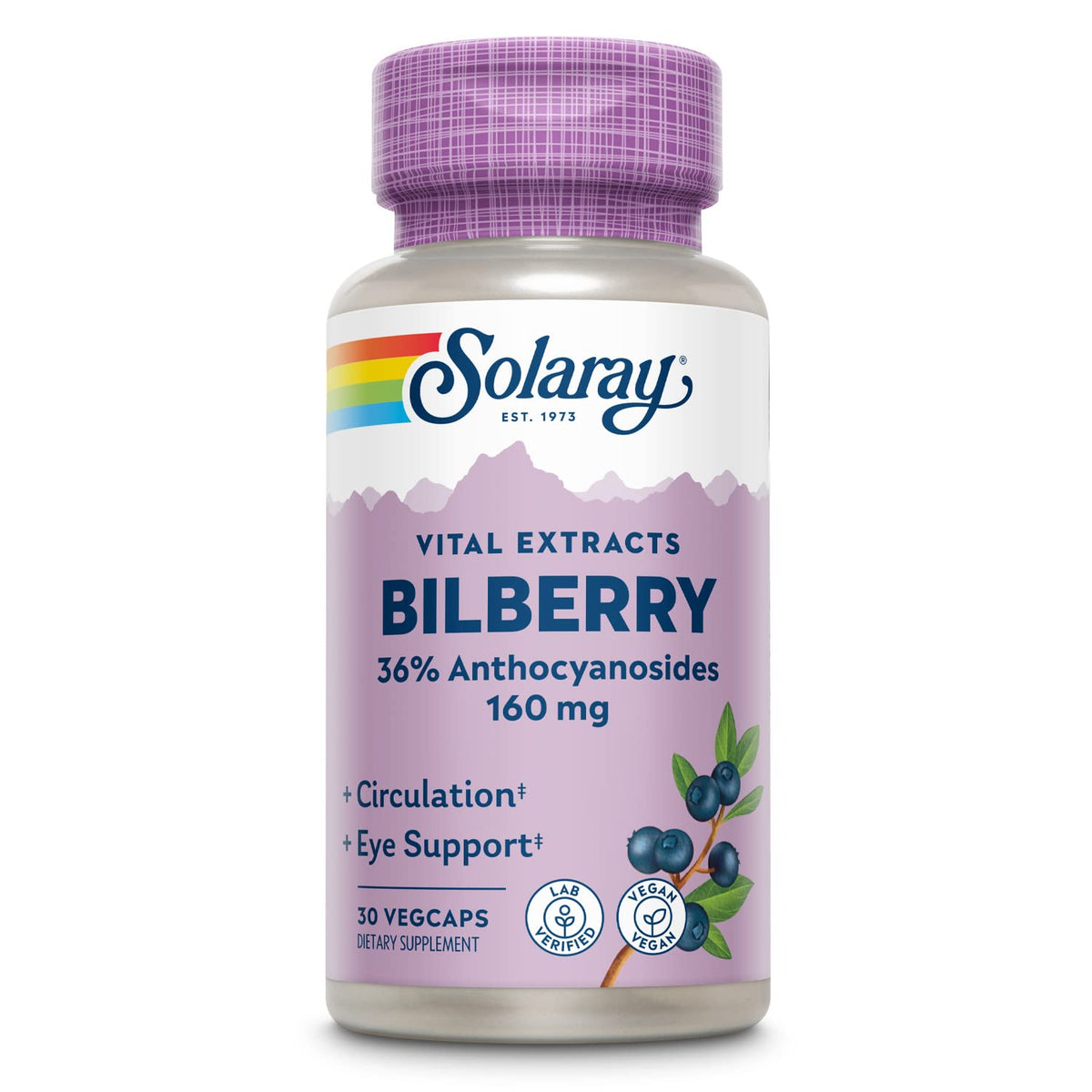 SOLARAY Bilberry Extract 160 mg bottle highlighting potent bilberry for daily eye support.