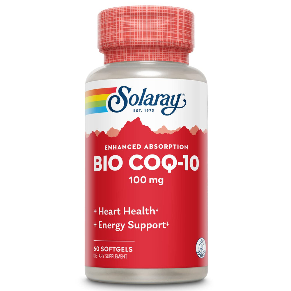SOLARAY Bio CoQ-10 100 mg bottle front view; enhanced absorption potential for daily energy