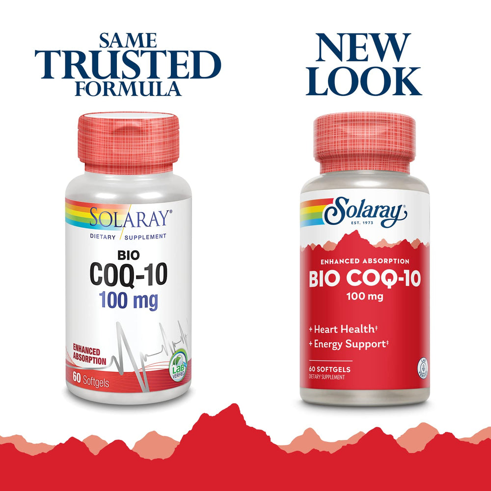 SOLARAY Bio CoQ-10 label close-up; non-GMO potency and purity emphasis