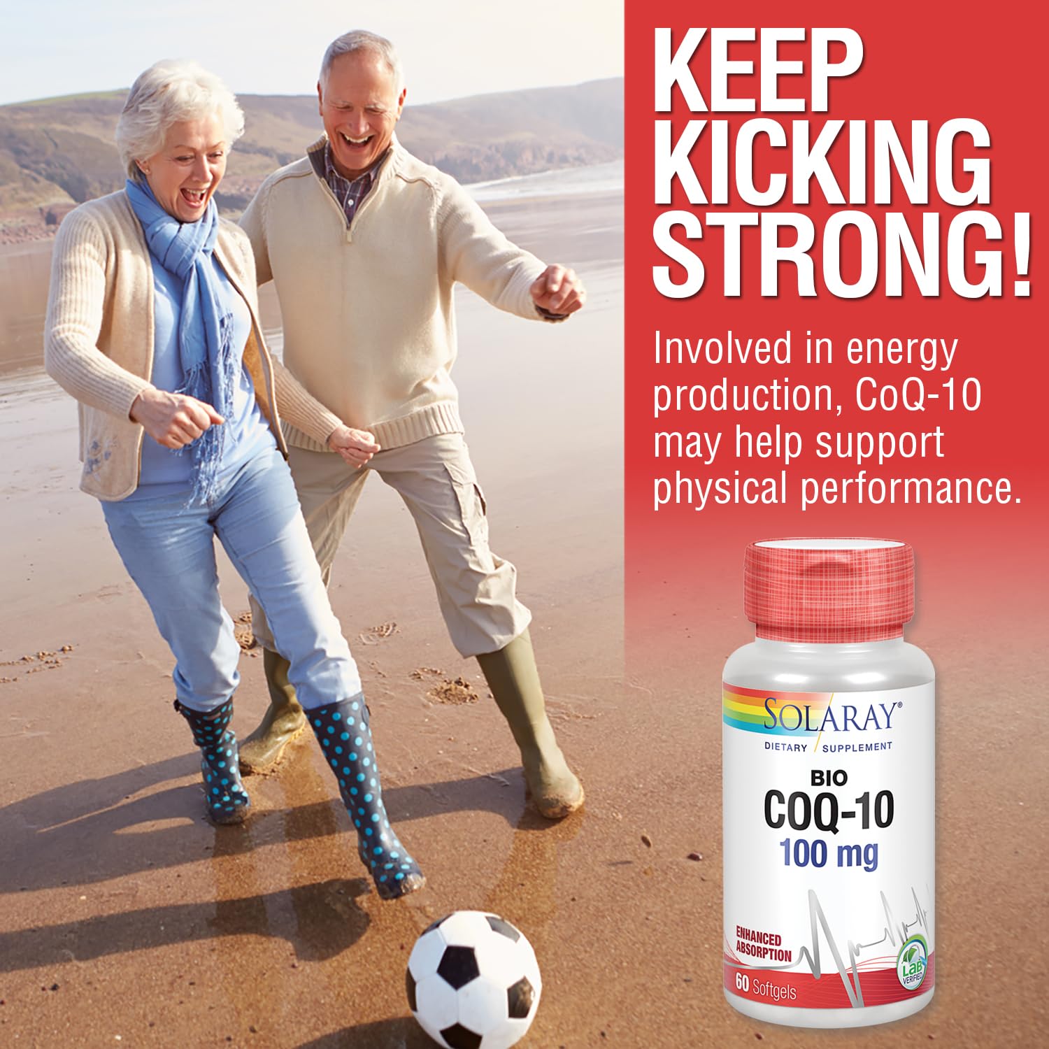 SOLARAY Bio CoQ-10 capsules on a spoon; convenient daily supplement routine